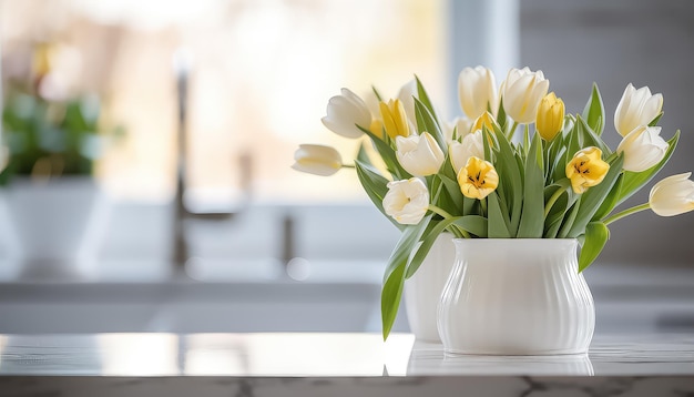 Tulips in a vase in the kitchen spring concept