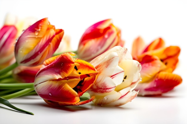 Tulips on a white background with the word tulips on the bottom right.