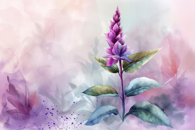 Tulsi flower with purple and green leaves watercolor drawing painting artwork royalty free