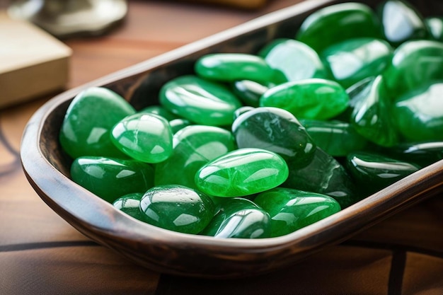 Tumbled green jadeite stone on white marble