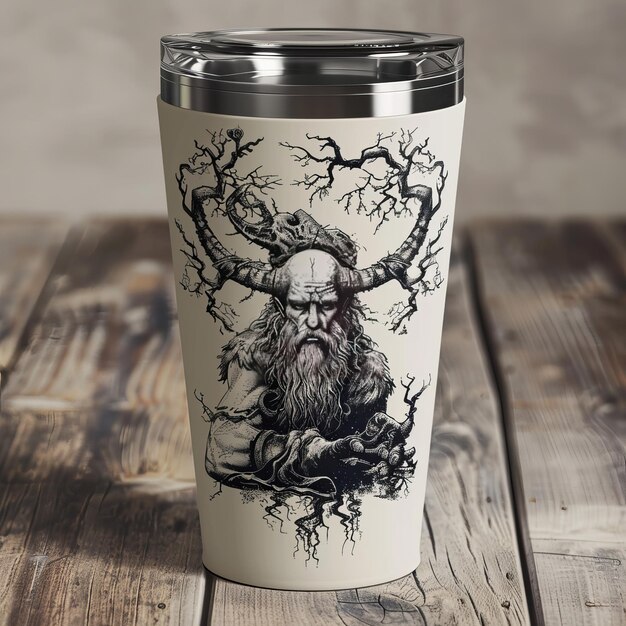 Photo tumbler or cup 30z tumbler design for 3 tumbler illustration of odin god leaning on horns of odin