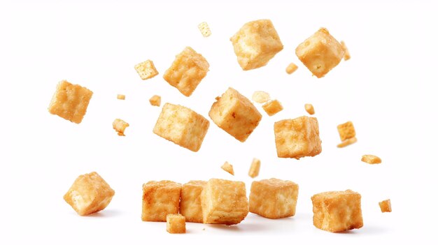 Tumbling golden tofu pieces on a blank backdrop