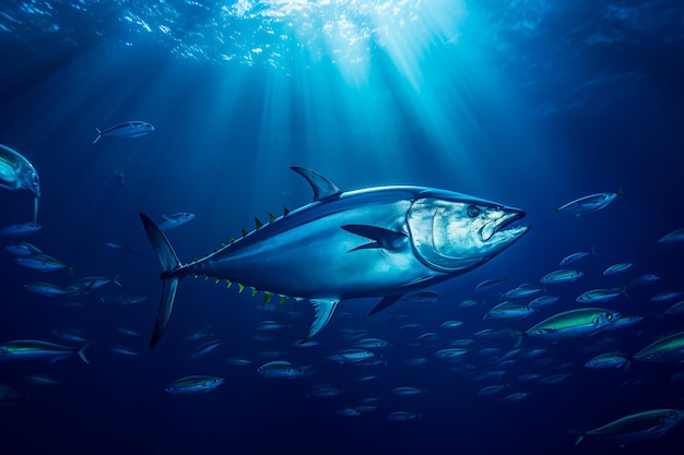 A tuna fish in the centre of a dark ocean Tuna in a big ocean AI generated