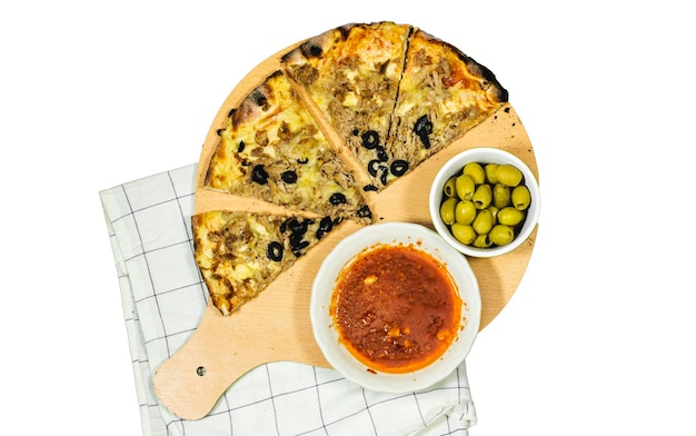 tuna pizza with cheese and tomato and olives with tomato bowl on cutting wooden isolated on white ba