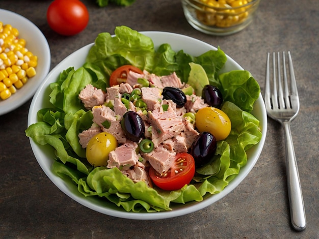 Tuna salad with lettuce olives corn tomatoes top view