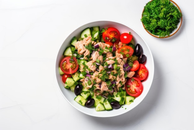 Tuna salad with tomatoes in a bowl