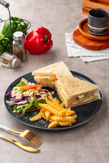 Tuna sandwich with french fries and salad.