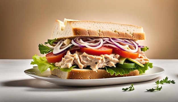 Tuna sandwich with mayo and vegetables isolated on white background