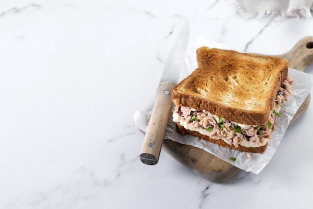 Tuna sandwich with mayo and vegetables on white marble