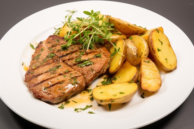 Photo tuna steak with roasted potatoes