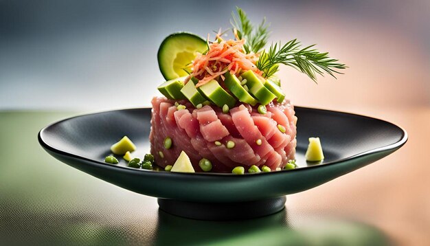 Photo tuna tartare with avocado and wasabi soy sauce