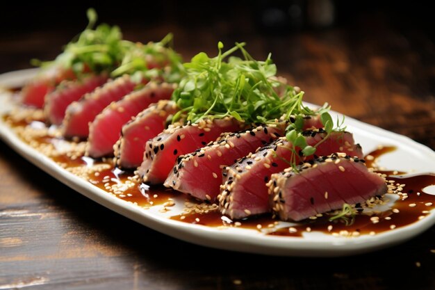 Photo tuna tataki with a drizzle of sesame lime delicious tuna tataki fish food image photography