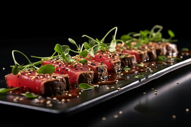 Photo tuna tataki with a sprinkle of fresh basi delicious tuna tataki fish food image photography