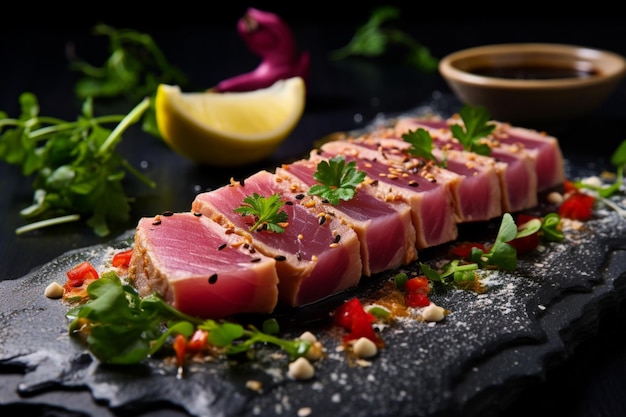 Photo tuna tataki with a sprinkle of fresh herb delicious tuna tataki fish food image photography