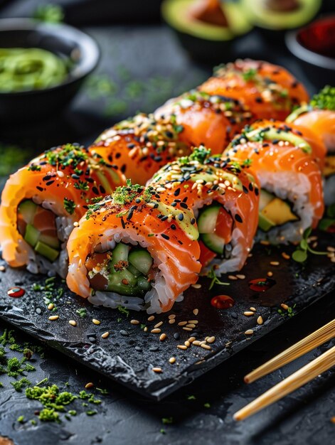 Photo tunatopped cherry blossom roll with salmon avocado and cucumber wrapped in rice on a black background