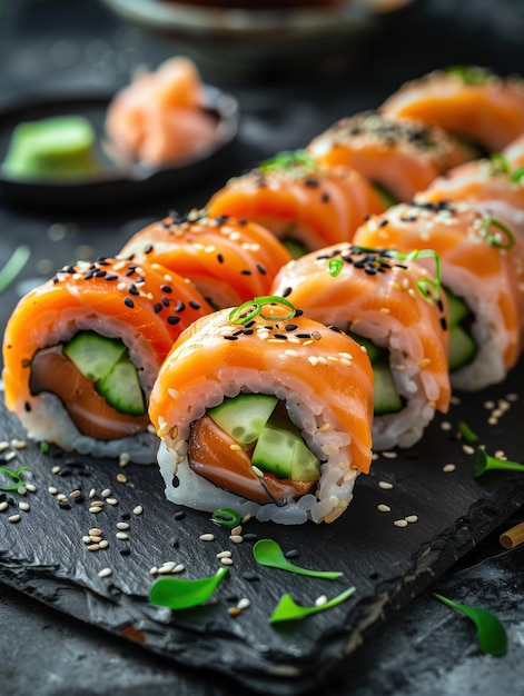 Tunatopped Cherry Blossom Roll with salmon avocado and cucumber wrapped in rice on a dark background