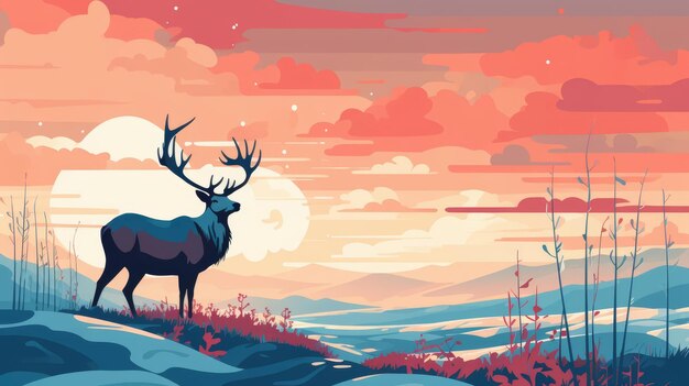 Tundra background with migrating caribou flat design top view arctic