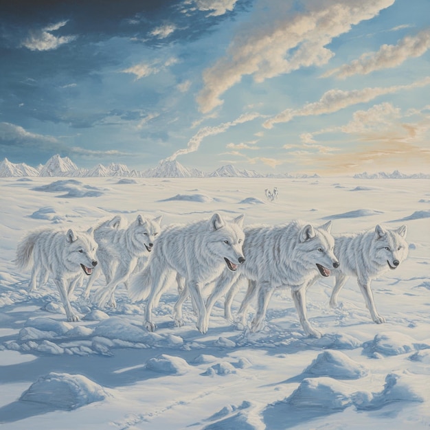 Photo tundra wolves hunting in packs across the frozen scene