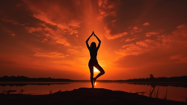 In tune with nature a young woman in a yoga stance silhouetted against an orange sunset The Generative AI