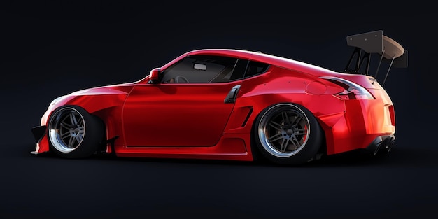 Tuned sports racing car with arch extensions air suspension and a huge spoiler 3d rendering