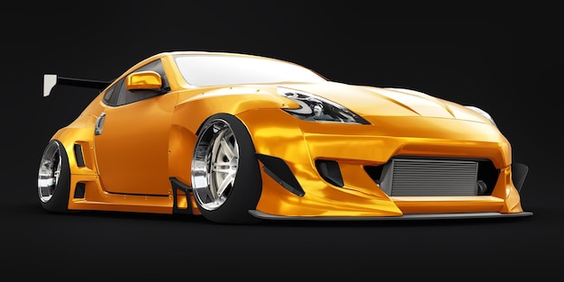 Tuned sports racing car with arch extensions air suspension and a huge spoiler 3d rendering