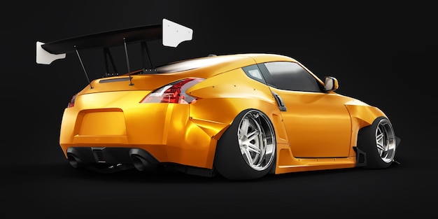 Tuned sports racing car with arch extensions air suspension and a huge spoiler 3d rendering