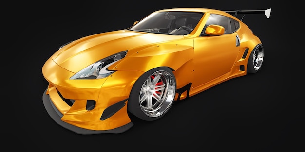 Tuned sports racing car with arch extensions air suspension and a huge spoiler 3d rendering