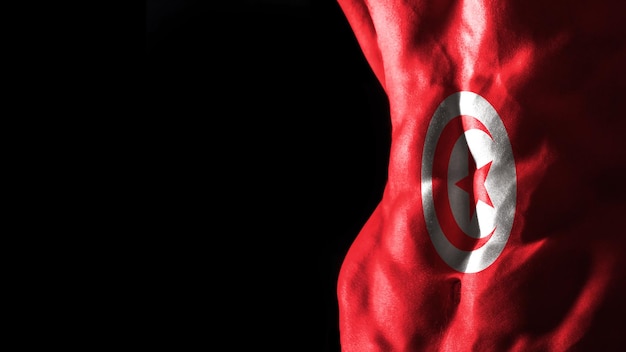 Tunisia flag on abs muscles national sport workout, bodybuilding concept, black background