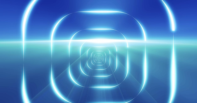 Tunnel of blue glowing bright neon squares Abstract background Screensaver