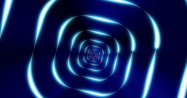 Tunnel of blue glowing bright neon squares Abstract background Screensaver