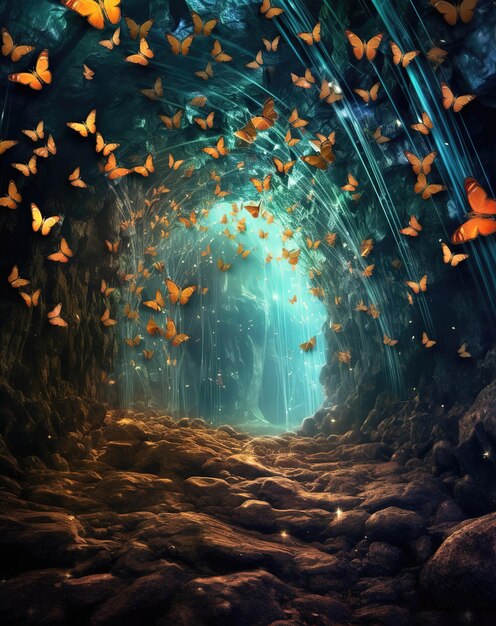 A tunnel of butterflies is surrounded by a blue cave.