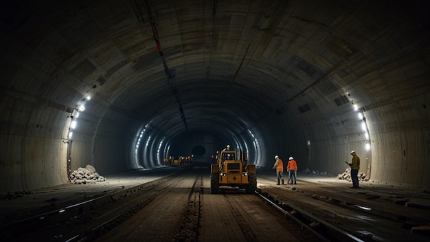 Photo tunnel construction workers inside a large underground tunnel