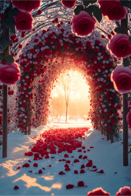 Tunnel filled with lots of red roses on top of a snow covered ground generative ai