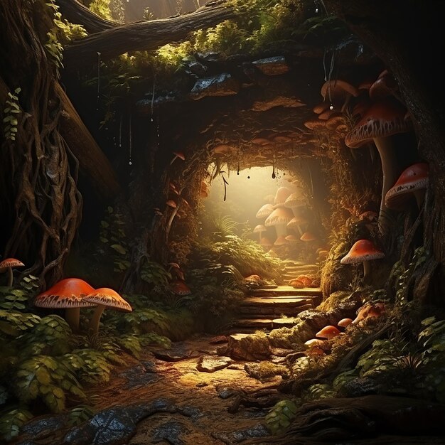 A tunnel filled with mushrooms grew near a cave entrance