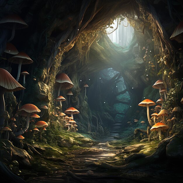 A tunnel filled with mushrooms grew near a cave entrance