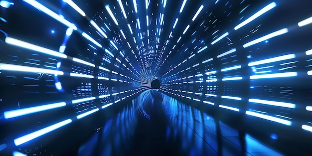 Photo the tunnel is a futuristic blue neon light pathway filled with speeding visuals