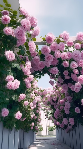 A tunnel of roses is filled with flowers