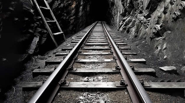 A tunnel that has a railroad track that has a ladder on it