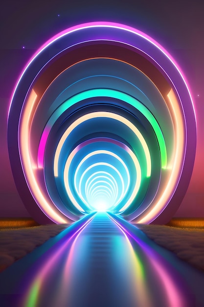 A tunnel that has a rainbow colored light on it