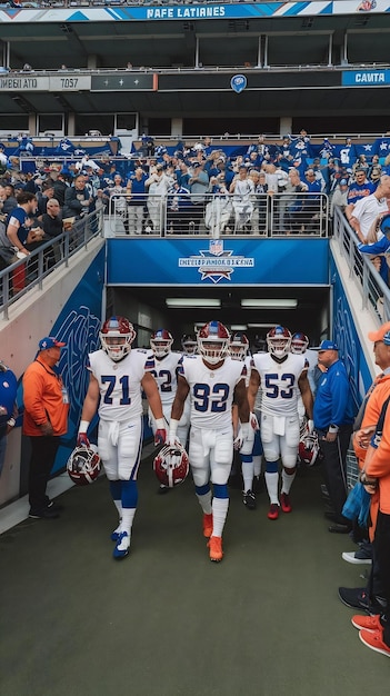 Tunnel Walk with a Group of American Football Players with Strong Team Spirit Entering a Sold Out A