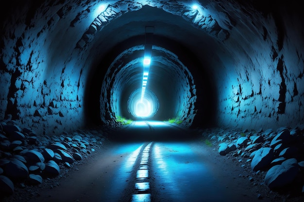 A tunnel with a blue light at the bottom.