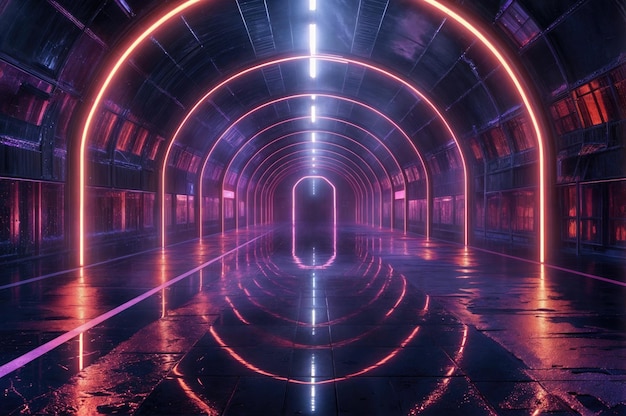 A tunnel with a glossy floor colorful neon lights and a reflection of the lights on the floor