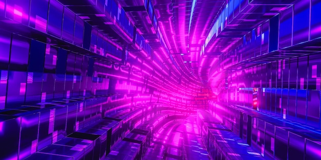 Tunnel with glowing neon pattern 3D render