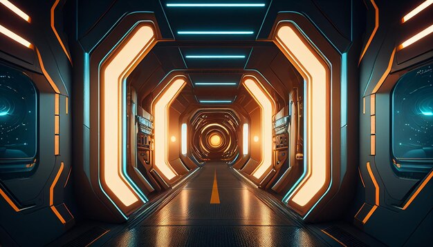 A tunnel with lights and a blue line futuristic background