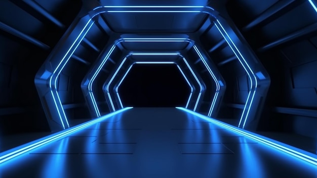 A tunnel with neon lights and a blue light.