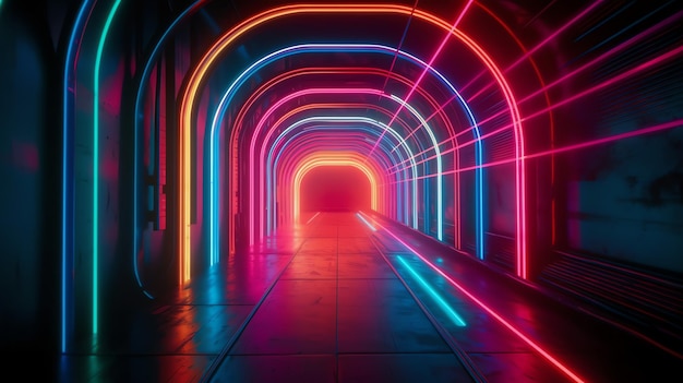 A tunnel with neon lights and a tunnel with a blue light.