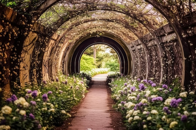 Photo a tunnel with a path of flowers leading through it