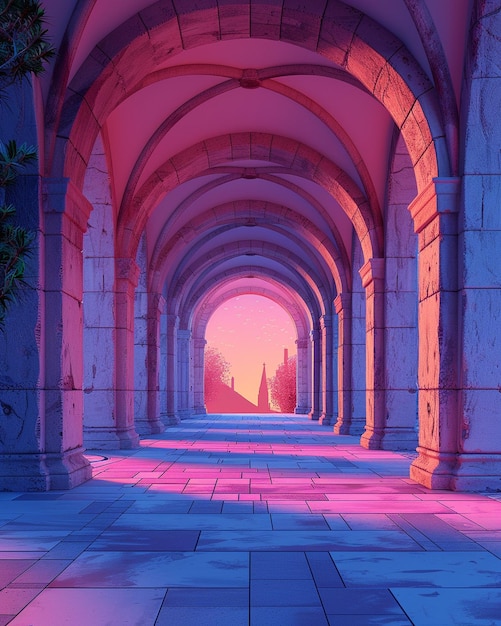 Photo a tunnel with a pink and purple light on it