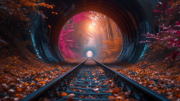 Tunnel with railway tracks leading to a glowing forest at sunset ethereal and mystical atmosphere