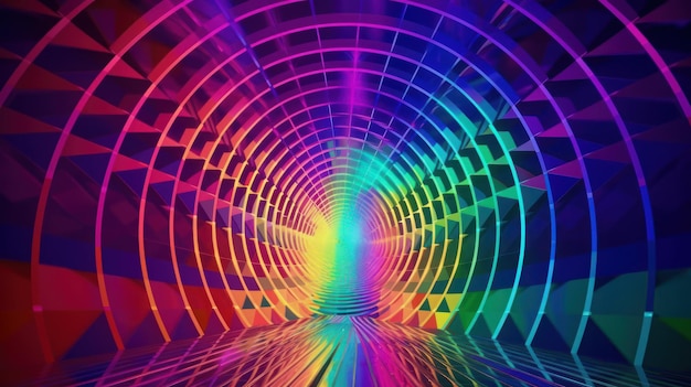 A tunnel with a rainbow colored light at the bottom.